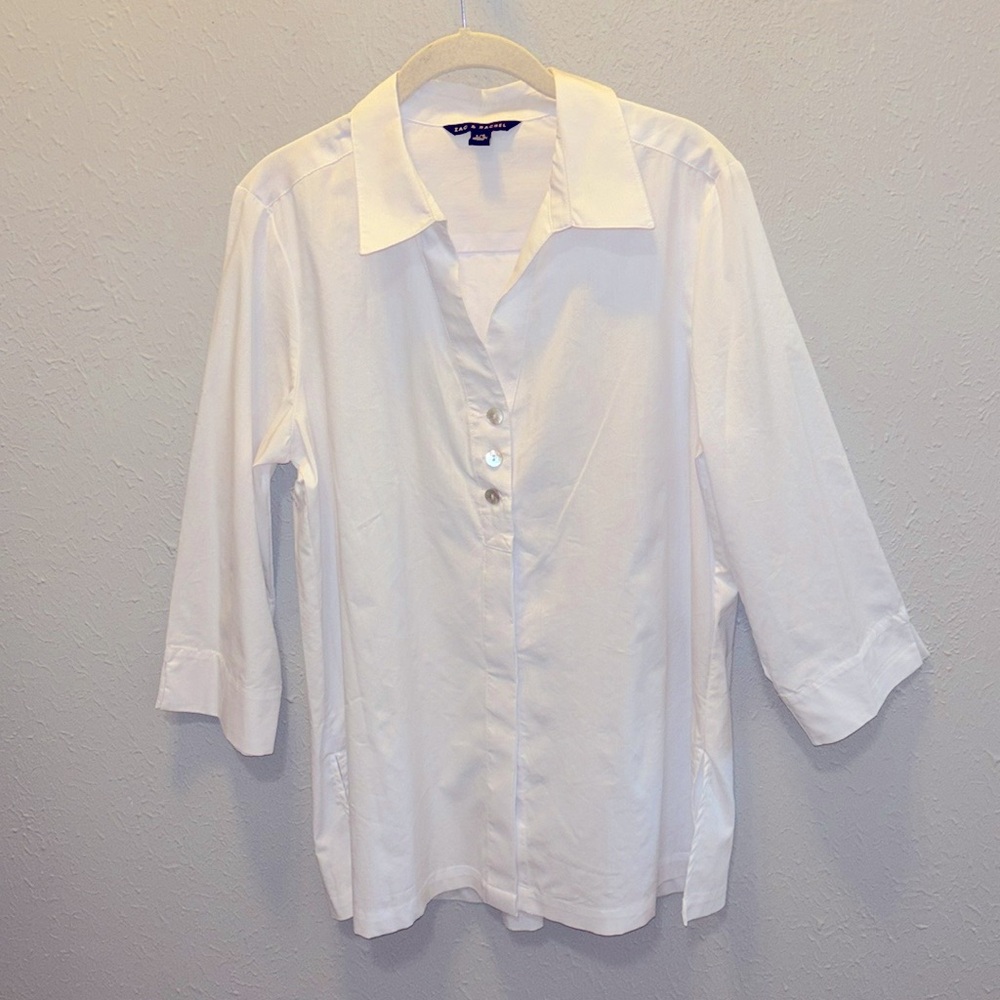 Zac & Rachel White Button Down Shirt Tunic Style Quarter Sleeve Women’s Sz Large
